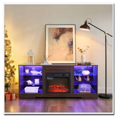 Meuble télé avec foyer électrique et tablettes en verre, meuble télé 3D avec lumières DEL et bois