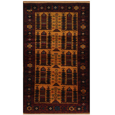 Tapis brun / doré en laine noué à la main de conception unique 2 pi 10 po x 4 pi 10 po Elmingham Balouchi