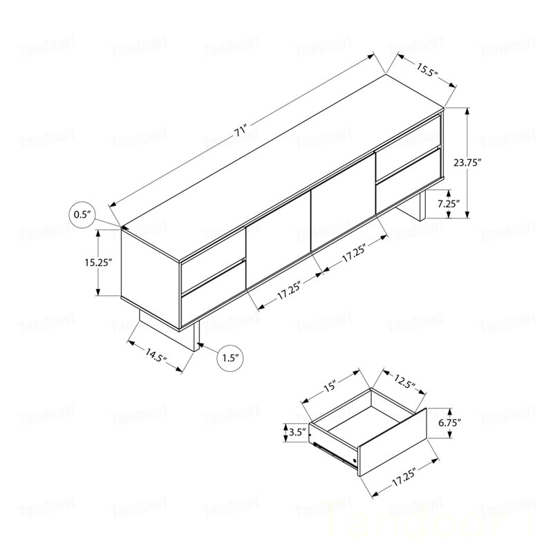 Meuble télé, console de 72 po, meuble multimédia, tiroirs de rangement, armoire de rangement, stratifié brun, transitionnel