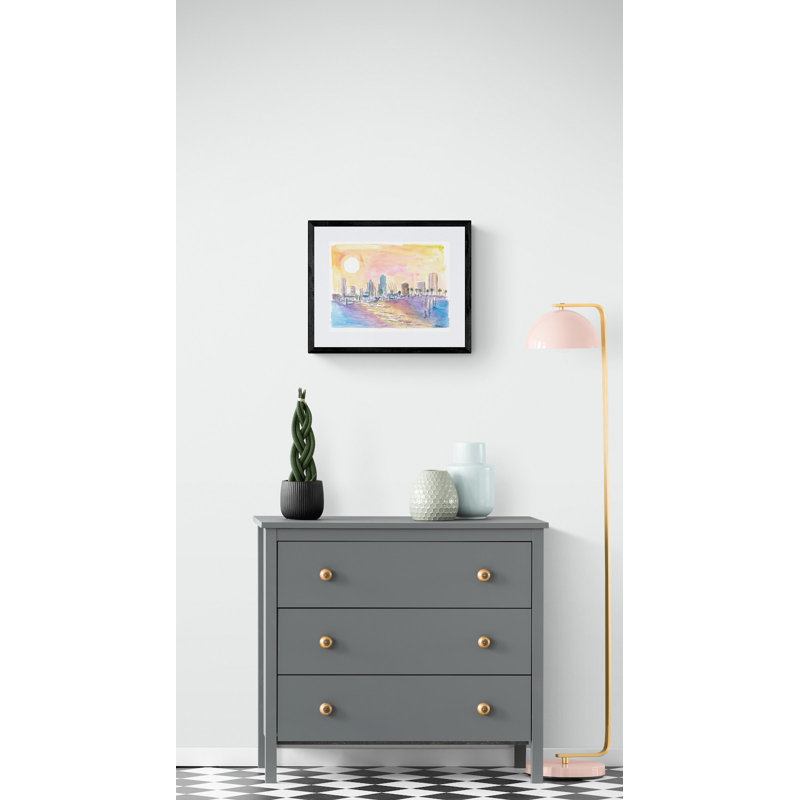 St Petersburg Florida Golden Sunset In Harbour With Skyline Print by Martina Bleichner, Black Framed Paper, 16" H x 20" W