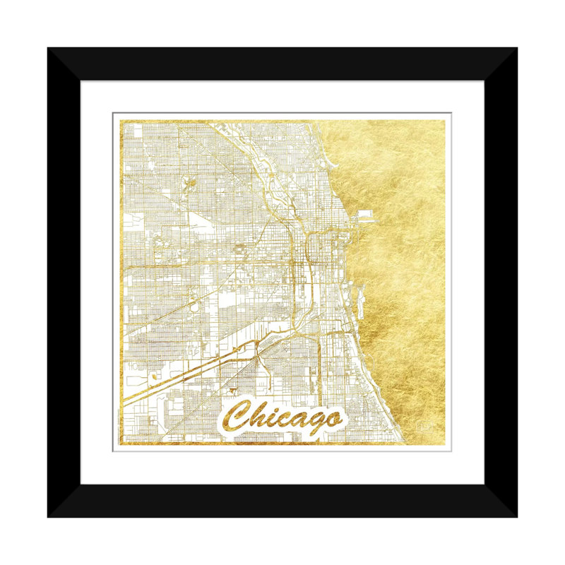 « chicago gold feuille urban blueprint map », reproduction d’impression sur toile, H 16 po x l 16 po x P 1 po, Blanc