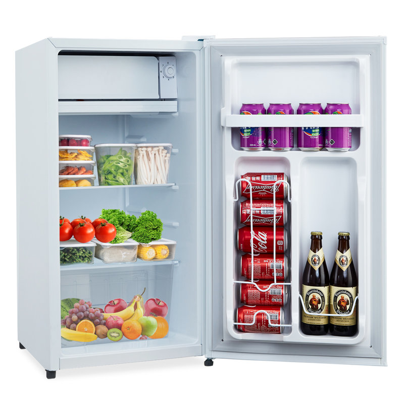 Mini-réfrigérateur avec congélateur de 3,2 pi³, réfrigérateur compact avec thermostat réglable à 7 niveaux, bac à légumes, tablettes en verre amovibles, blanc