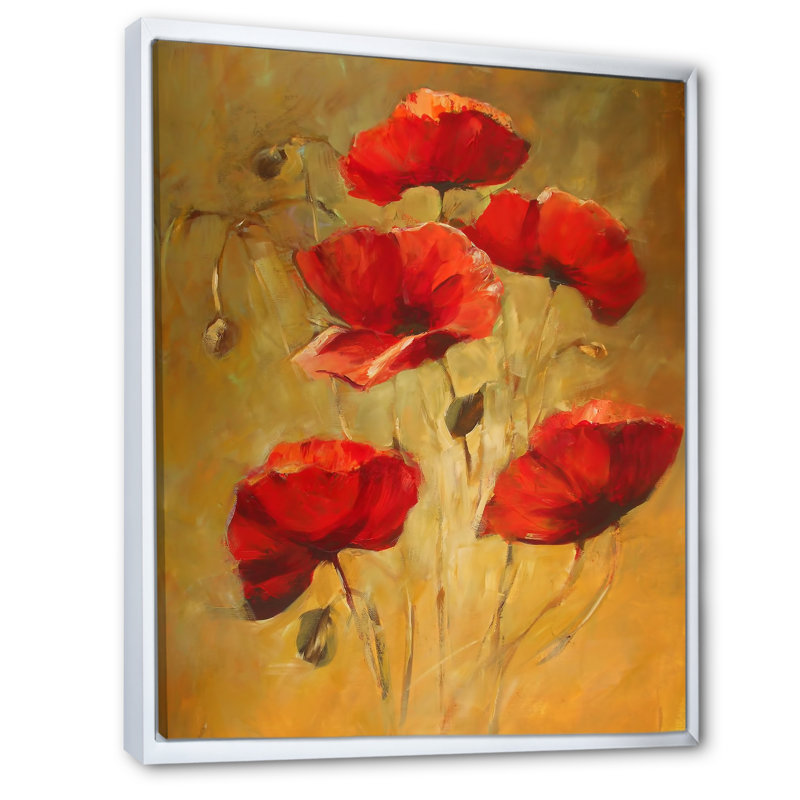 «Red Blooming Poppies IV», reproduction d'art sur toile traditionnelle, H 12 po x l 8 po x P 1 po, Cadre flottant blanc