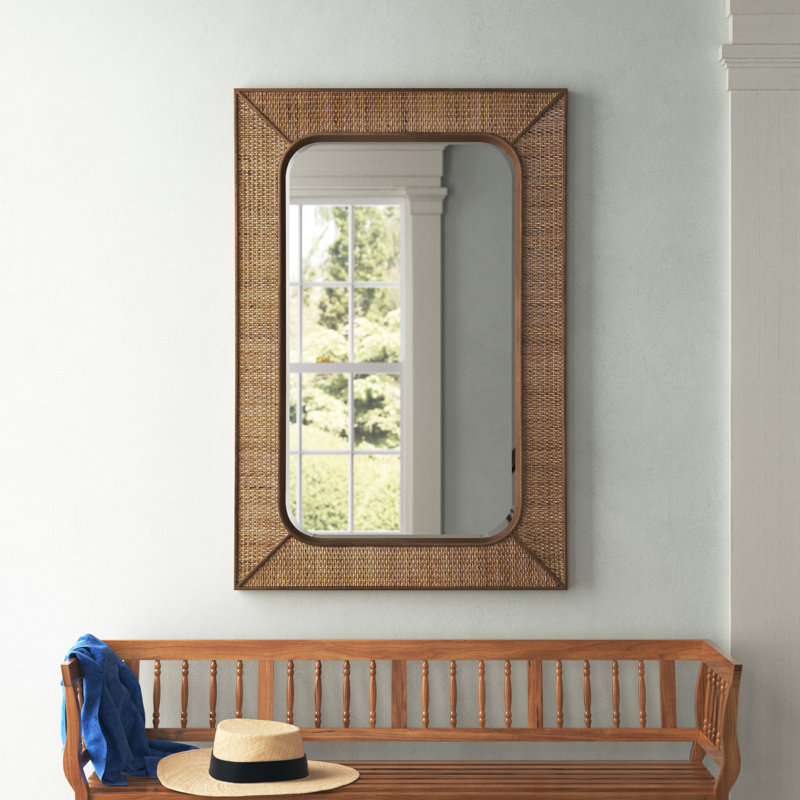 Brown Wood and Rattan Beveled Wall Mirror