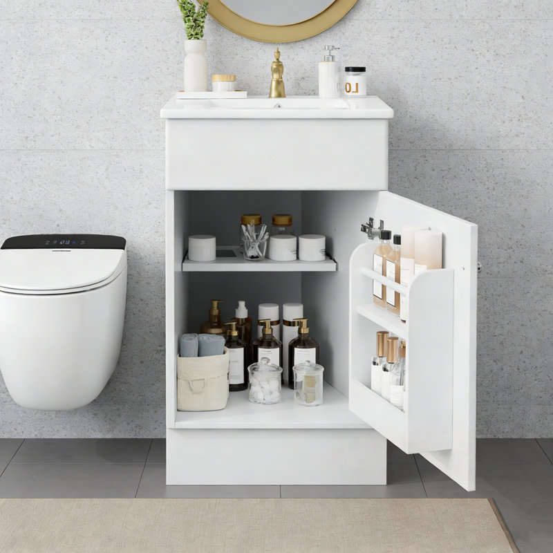Meuble-lavabo de salle de bain avec lavabo, une porte et tablette réglable, Blanc