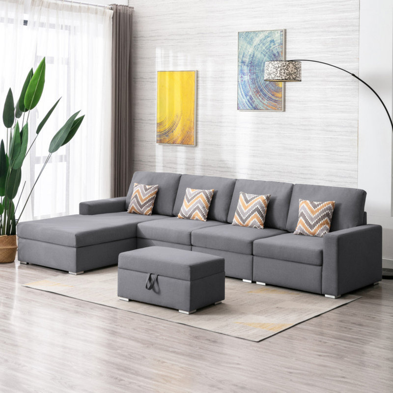 Méridienne réversible 5 pièces en tissu de lin avec pieds interchangeables, repose-pieds et oreillers Modern Modern