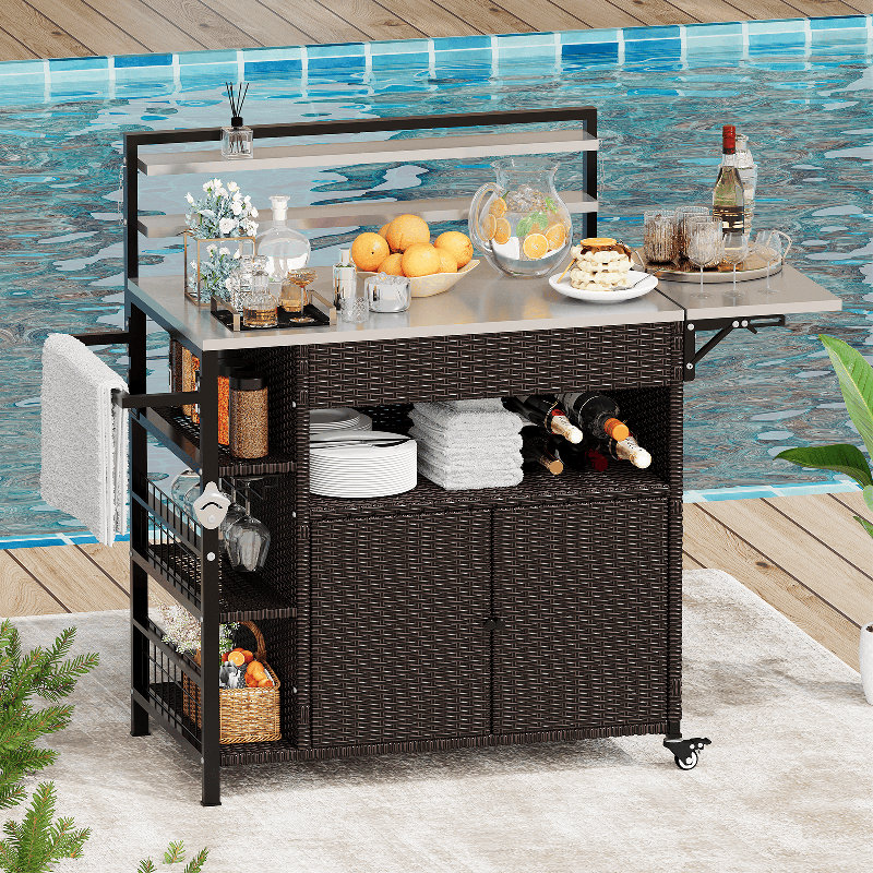 Chariot-bar d'extérieur amélioré avec armoire de rangement en rotin et roulettes