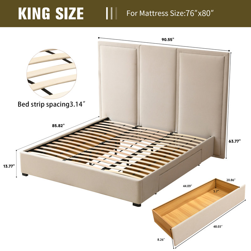 Morghen Upholstered Platform Bed With Extra High Headboard And 2 Extra Large Capacity Drawers, Beige, King