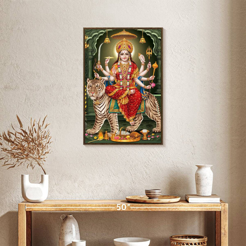 Durga sur un tigre, Floating Frame Walnut, 21 po x 31 po