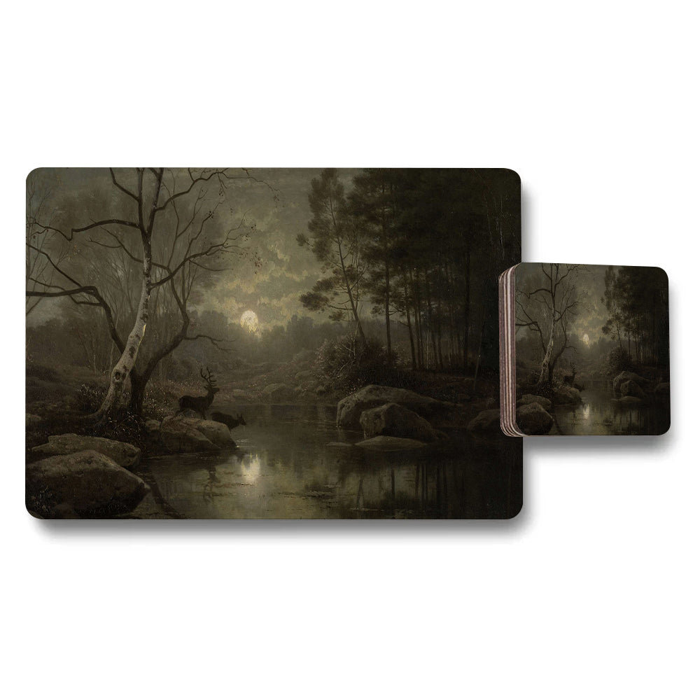 Moonlit Forest Placemat And Coaster Set With Deer Scene