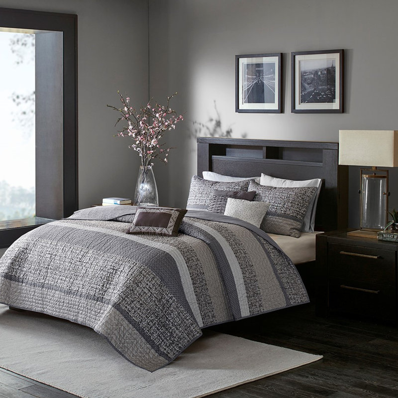 Courtepointe 6 pièces gris / taupe, très grand / très grand, coussins décoratifs avec plis, rembourrage taupe gris luxueux lavable à la machine, lavable, plissé et brodé