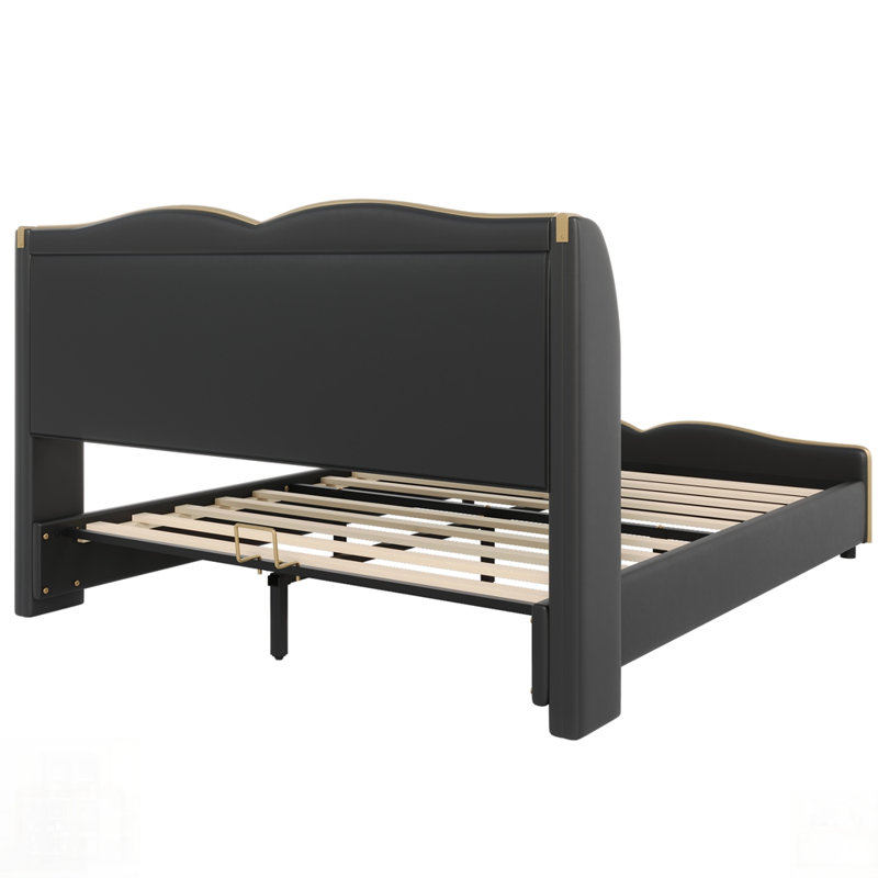 Structure de lit rembourrée en cuir, conception moderne avec tête de lit à oreilles, pied de lit ondulé, aucune boîte à ressorts nécessaire