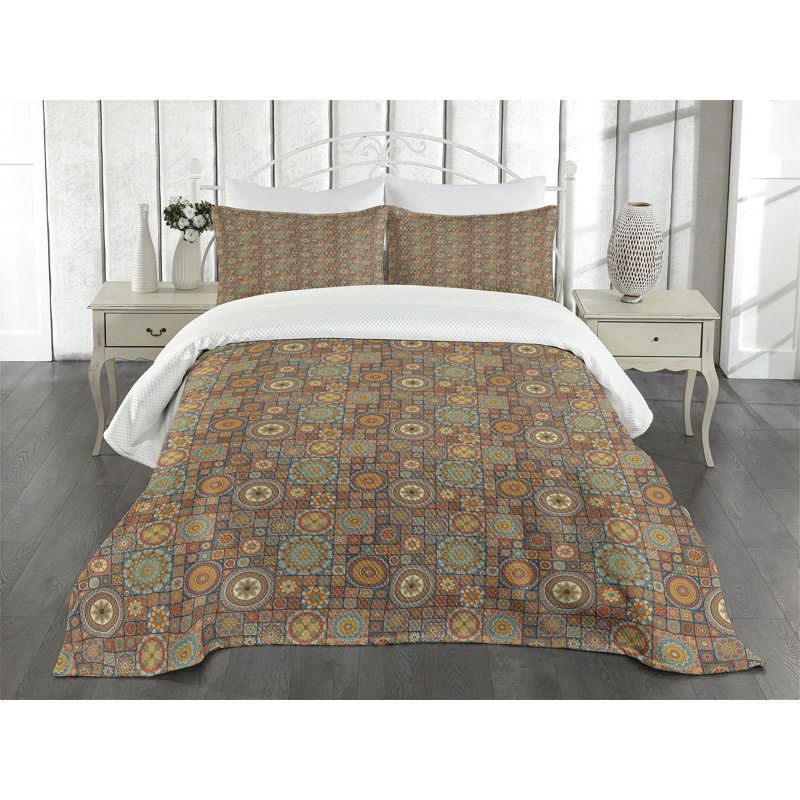 Ambensonne Moroccan Bedspread Eastern Old Turquoise Orange, King Coverlet/Bedspread + 2 Pillow Shams