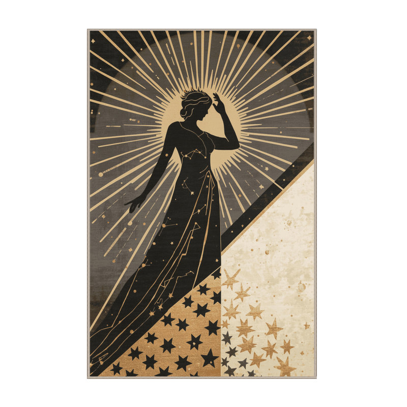 Tapis art déco lavable à la machine Pavle Starburst en brun - reliure beige, 5 x 7