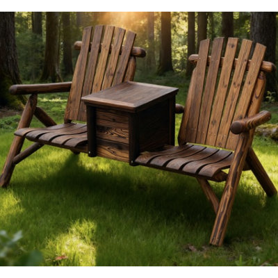 Banc d'extérieur double en bois pour deux personnes, seau à glace inclus, bois naturel rustique, haut, design lounge, table intégrée, sièges ergonomiques, hauts dossiers confortables, dimensions : 162 cm (L) x 83 cm (l)