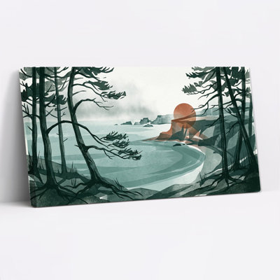 Tableau sur toile représentant une vue côtière turquoise avec des arbres au premier plan et un soleil orangé