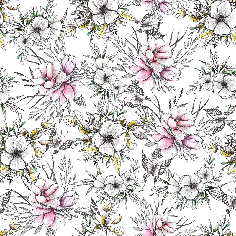 Papier peint blanc avec fleurs et papillons