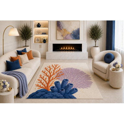 Tapis de corail 5 pi x 7 pi «Ultra Léger», orange, lavande, bleu marine, bord de mer, art de la vie marine pour le salon, chambre à coucher, maison de plage, envers en silicone antidérapant