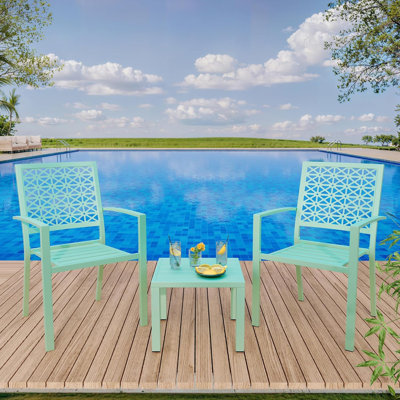 3-Piece Outdoor Bistro Set, Stackable Chairs and Table, Metal Patio Furniture, Balcony, Green