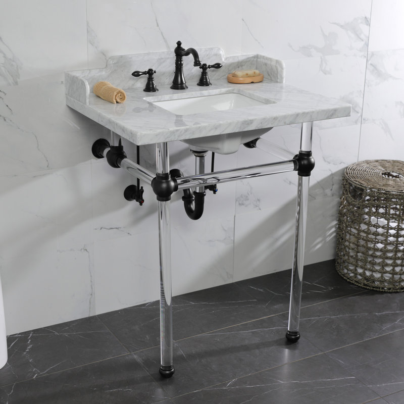 Lavabo console en marbre Carrara de 30 po avec pieds en acrylique Kingston White LMS30MASQ8 Kingston, marbre blanc / nickel brossé