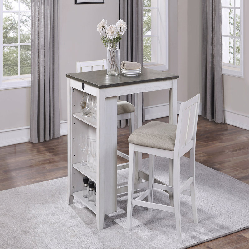 Ensemble de table 3 pièces à hauteur de comptoir avec ports USB et 2 chaises de comptoir revêtues de tissu, Blanc, Blanc