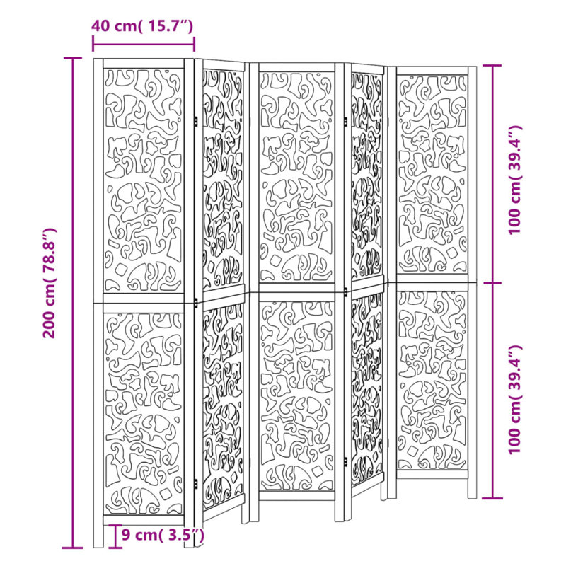 Folding Room Divider, 5, Black, 200cm H x 180cm W x 1.6cm D