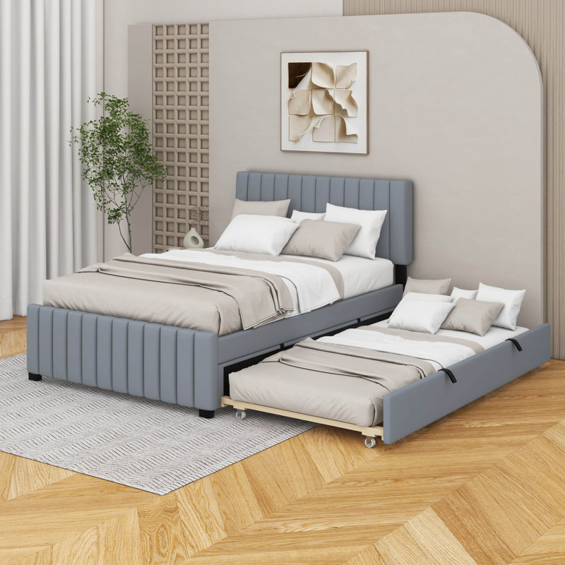 Lit plateforme double en velours avec lit gigogne, gris