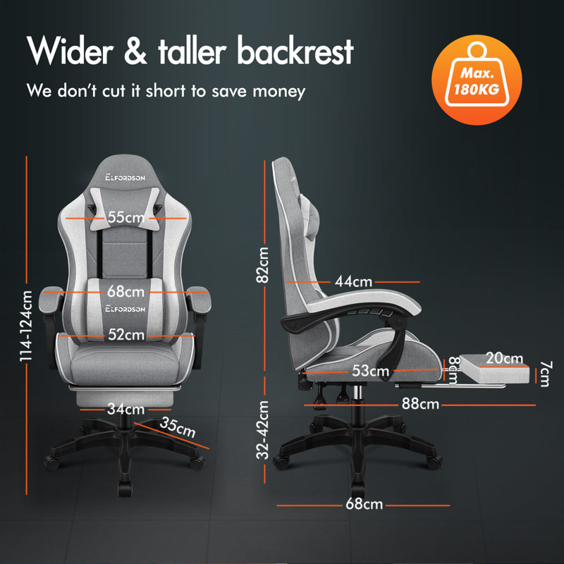 Brayden Studio Fabric Gaming Chair with Headrest, Grey