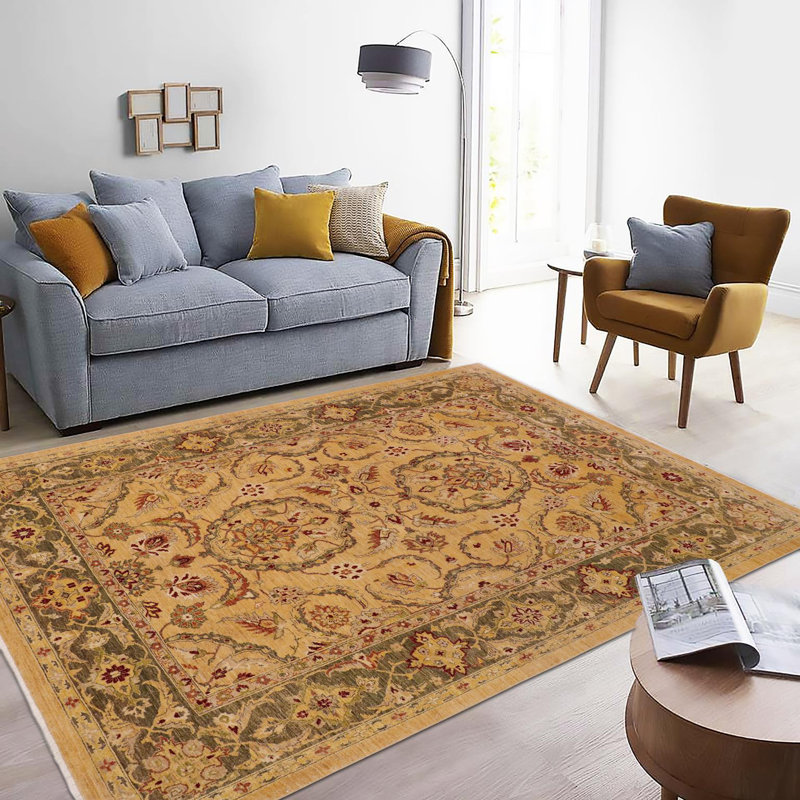 Tapis oriental doré / vert en laine noué à la main 8 pi 8 po x 11 pi 2 po Baccio