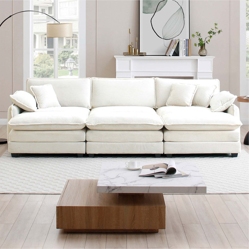 Canapé modulaire surdimensionné avec 3 repose-pieds pouvant servir de canapé-lit, canapé 3 places avec 3 repose-pieds, tissu en velours côtelé beige