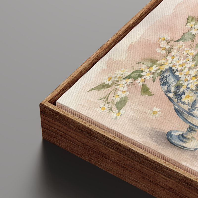 «White Daisy Bouquet in Blue Pedestal Bowl», reproduction d'art encadrée, 24" H x 36" W, Natural