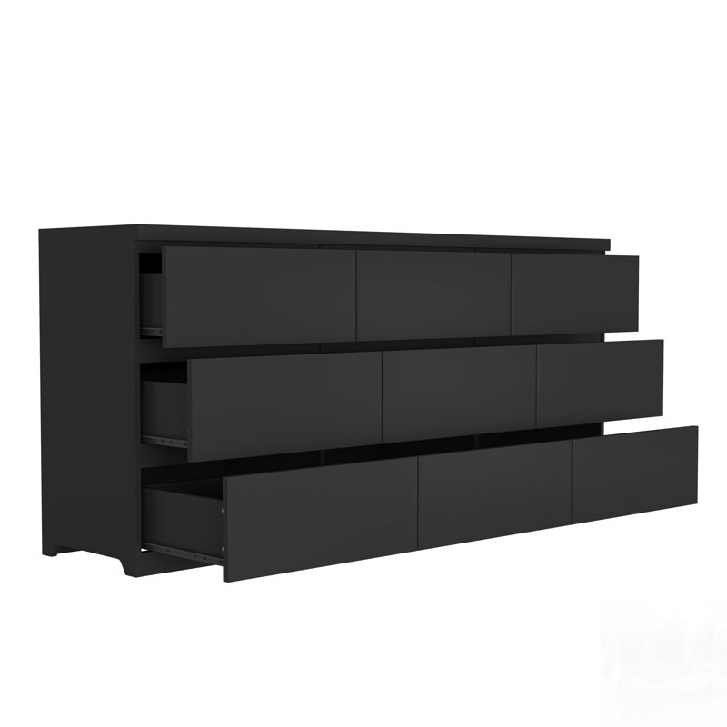 Commode 9 tiroirs sans poignée, bois mat moderne pour le rangement de la chambre à coucher et du salon, Noir