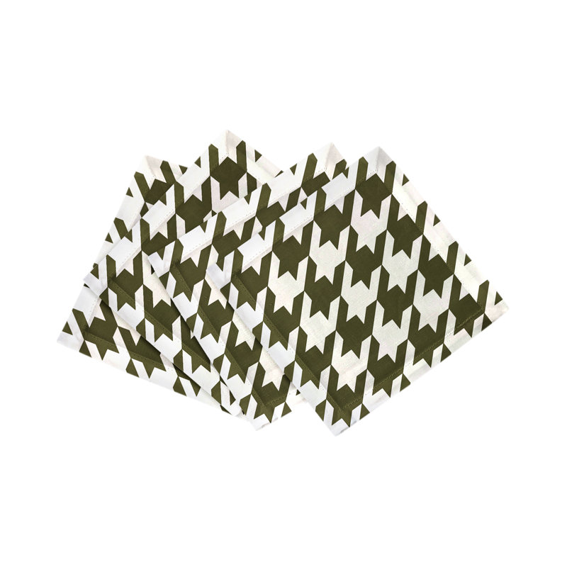 Houndstooth Cotton Sateen Cocktail Napkins, Green/White