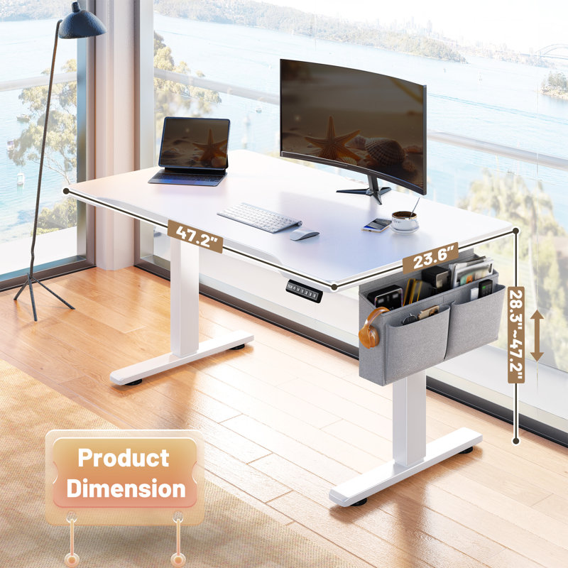 Electric Height Adjustable Standing Desk With Storage, Home Office Computer Desk With Led Lights, White, White