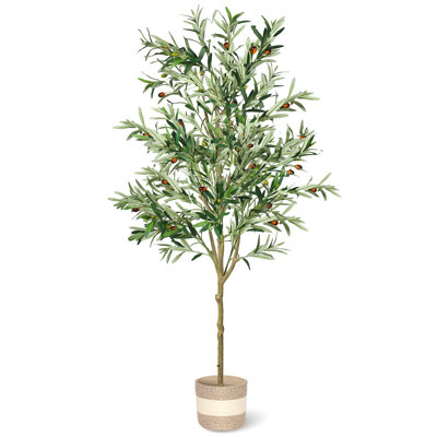 6ft Artificial Olive Tree with Realistic Leaves and Olives, Faux Tree in Black Pot with Woven Basket for Living Room Entryway Decor
