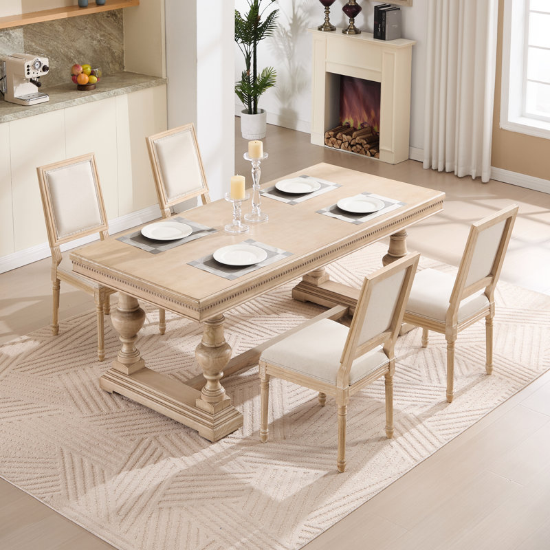 Chaises de salle à manger démontables de style français rembourrées à dossier carré beige, avec sculpture et tréfilage, toile de coton confortable avec dessin, bois massif