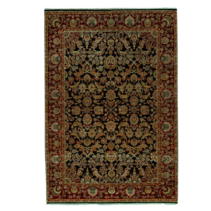 Tapis noir / rouille / jaune en laine noué à la main de conception unique 4 pi 3 po x 6 pi 1 po