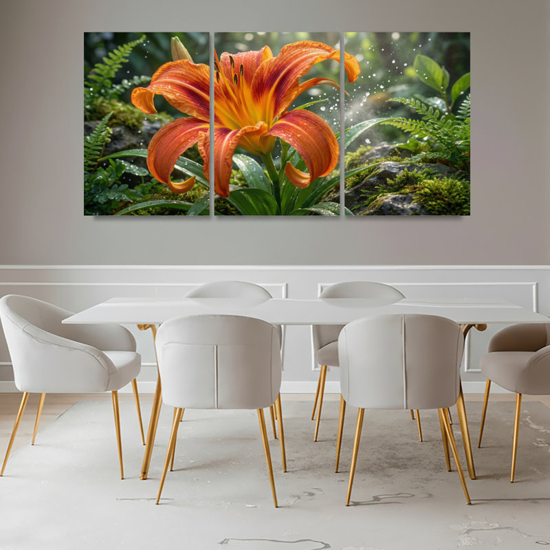 Fleur de lis orange, reproduction d'art sur toile tendue sur toile, ensemble de 3 décorations pour salon, chambre à coucher, décor à la maison