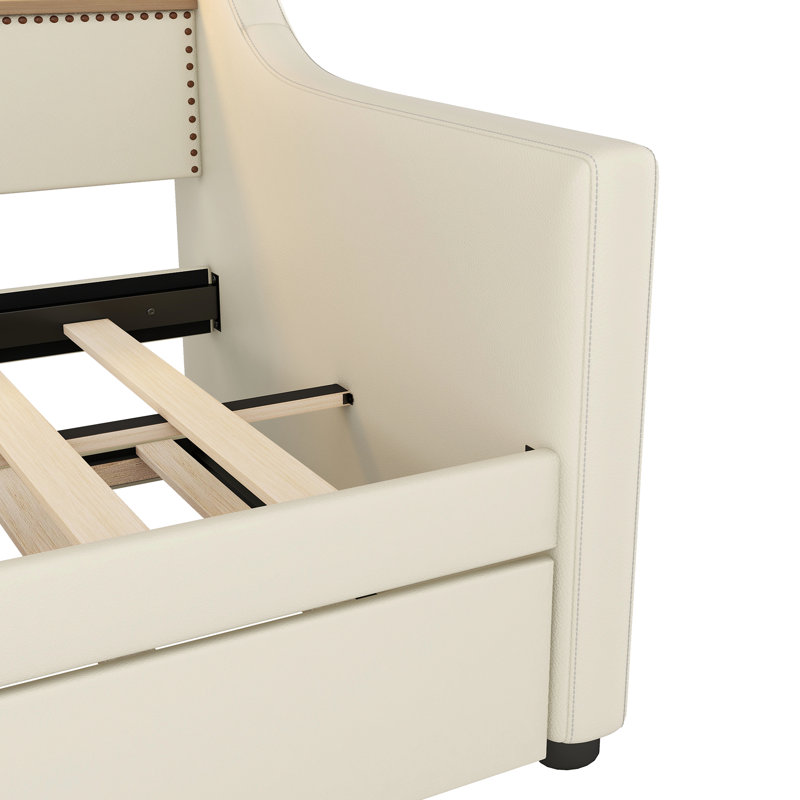 Lit de jour simple avec couchette en beige doux - Station de charge, lumières à DEL et taille de support de tête de lit