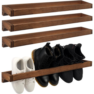 4 Pcs Wall Mounted Wooden Shoe Rack Wood Wall Hanging, Burnt Wood 30 Inch Rustic Floating Organizer, Natural Finish