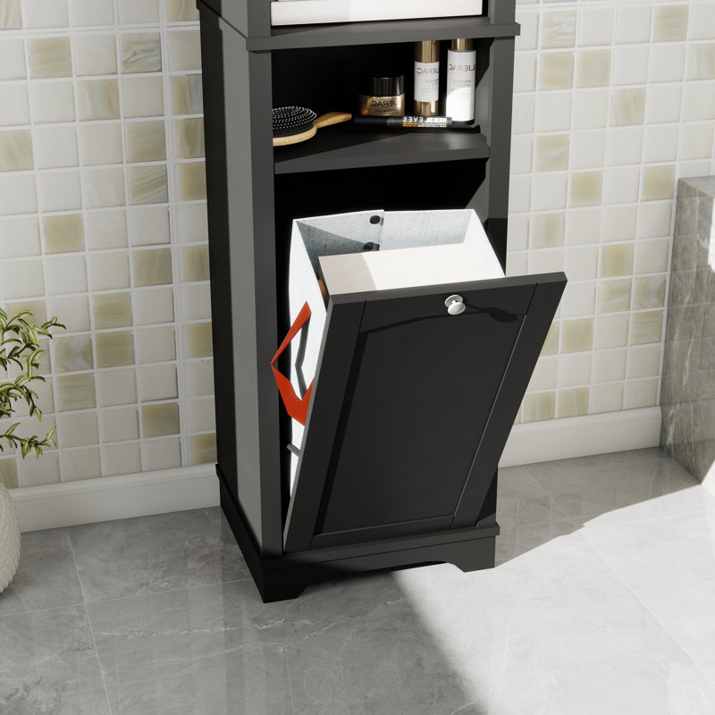 Tall Bathroom Storage Cabinet With Open Shelves And Laundry Hamper, Black