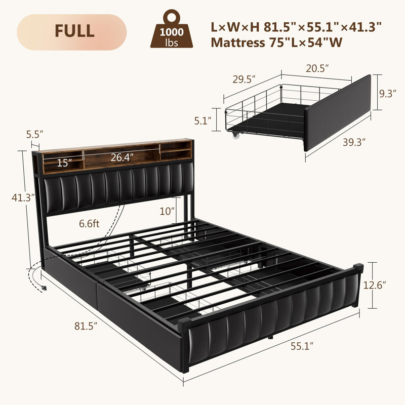 Full Size Black Upholstered Platform Bed with Storage and LED Lights