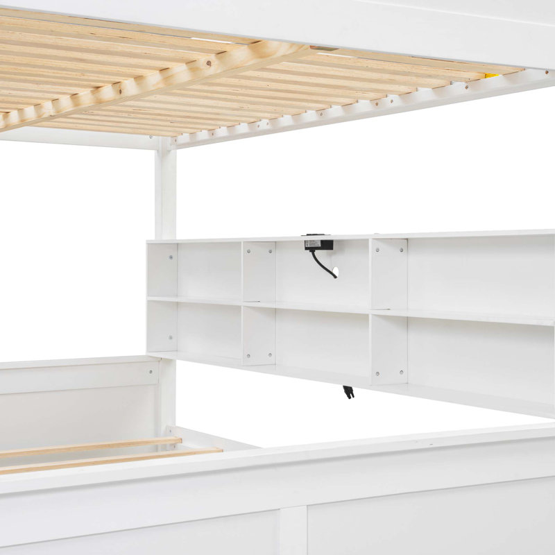 Lit superposé avec armoires de rangement et ports USB, Blanc antique