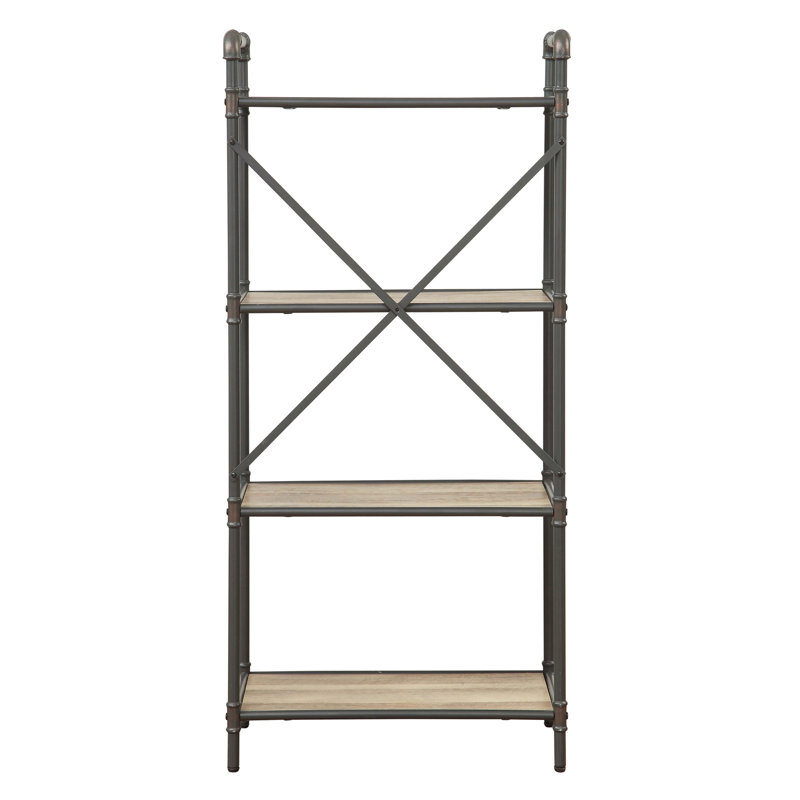 Bibliothèque à quatre niveaux en métal avec tablettes en bois, chêne brun et gris, Naturel + gris