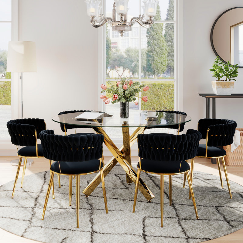 Ensemble de salle à manger rond à piédestal transparent avec fauteuil de salle à manger en velours ciel, Noir et or, Doré
