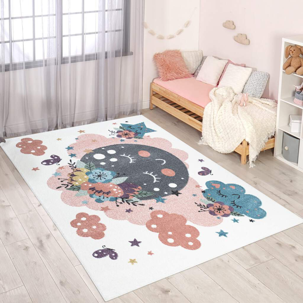 Kinderteppich Anime 917 Creme Mond Wolken Blumen Kinderzimmer Teppich Kurzflor Gotar