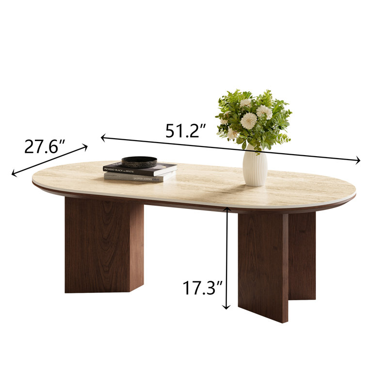Table basse de 51 po de style moderne Mid-Century brun, plateau de table en pierre frittée beige avec pieds doubles en bois massif
