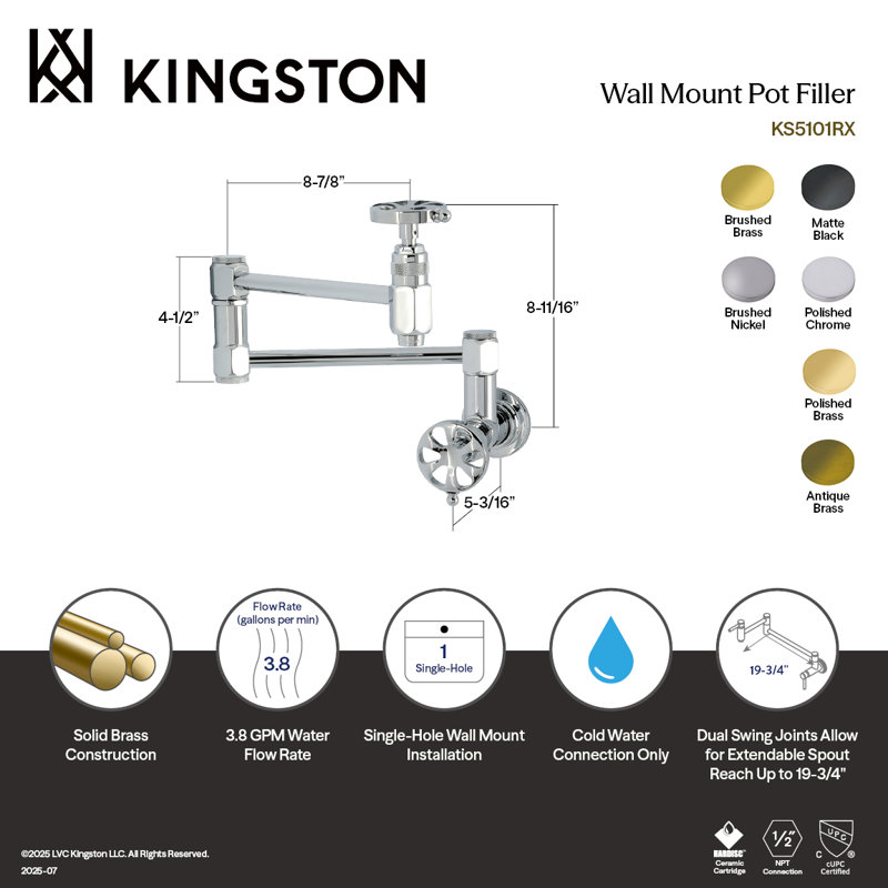 Kingston Belknap Wall Mount Pot Filler Faucet, Brushed Brass