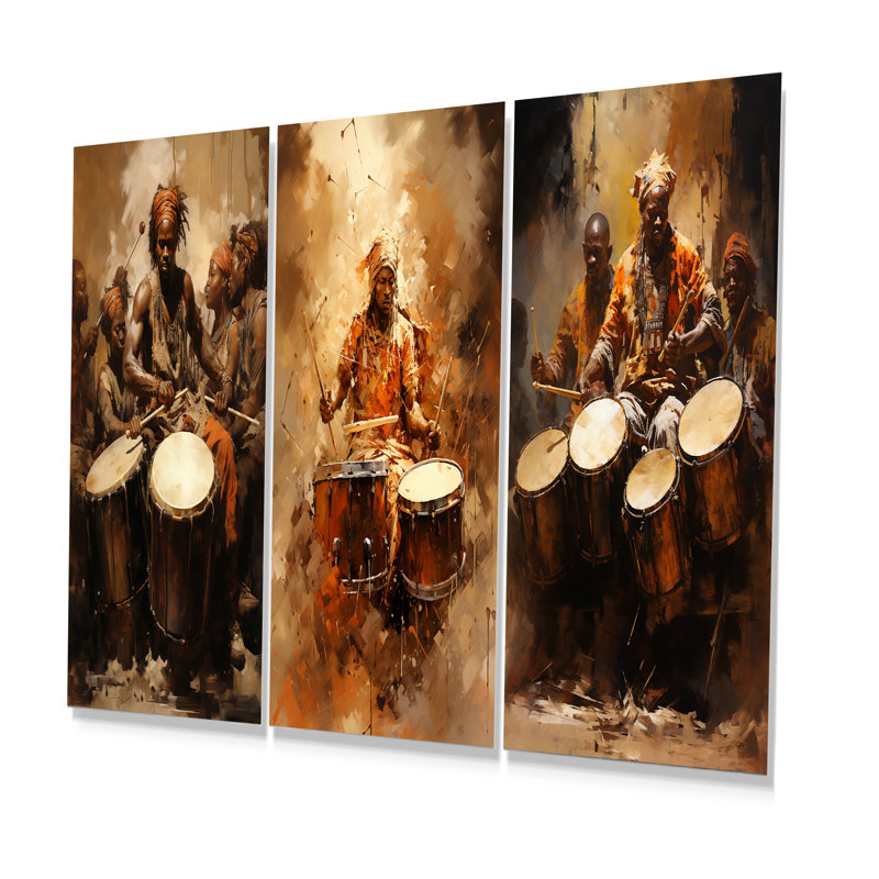 Drame traditionnel africain traditionnel - ensemble de 3 décorations murales en métal, H 28 po x l 36 po