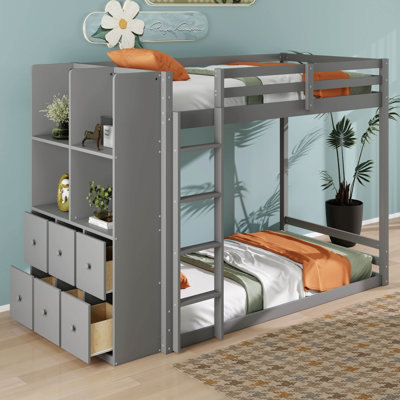 Lit superposé simple au-dessus de simple avec tiroirs et tablettes de rangement, lit superposé en bois avec éclairage à DEL et garde-corps, lits superposés peu encombrants pour les adolescents
